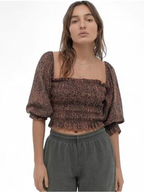 Urban Outfitters Smocked Peplum Blouse Balloon Sleeve Brown Boho Top Size Large